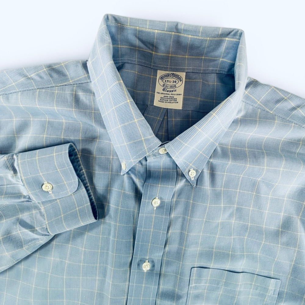 Brooks Brothers Shirt Mens 17.5 34 Blue Cream Plaid Supima Cotton Classic Fit